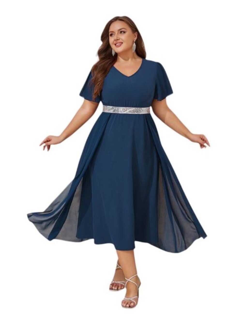 LapaPlus Navy Blue Sequin Chiffon Dress 3XL Plus Size Elegant Party